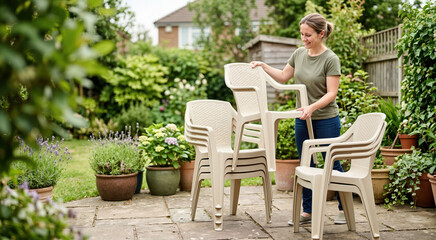 Fototapeta premium Woman stacking plastic garden chairs on patio. Outdoor furniture storage concept