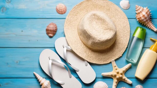 Summer beach accessories with straw hat, flip-flops, sunscreen and seashells on blue wooden background for travel theme