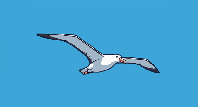 Cartoon bird with large wings soaring through a clear blue sky