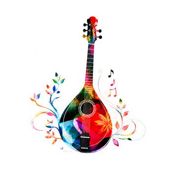 Colorful tambura with botanical sound waves and abstract music notes