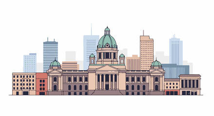 Obraz premium Artistic depiction of a grand central building with domes, flanked by diverse urban structures and skyscrapers