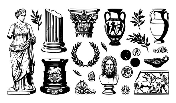 Hand Drawn Ancient Greek Roman Objects Vector Set with Statues Amphora Columns and Mythological Decorative Elements