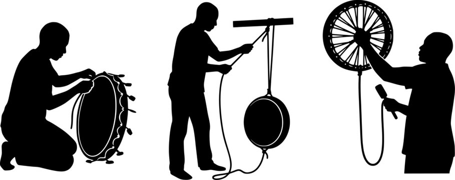 Black and white vector illustration of men playing folk musical instruments isolated on white background