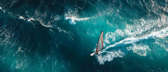 Obraz premium A bird’s-eye view of a windsurfer cutting through turquoise waves provides a dynamic backdrop for an advert promoting extreme sports and travel.