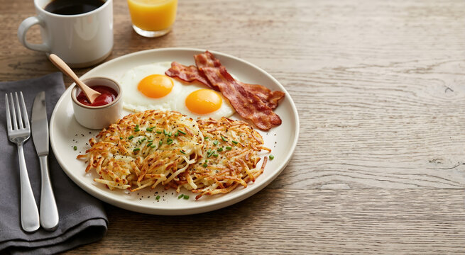 Traditional American breakfast with hash browns, eggs, and bacon. Morning meal with coffee and orange juice on a wooden table. Copy space for text