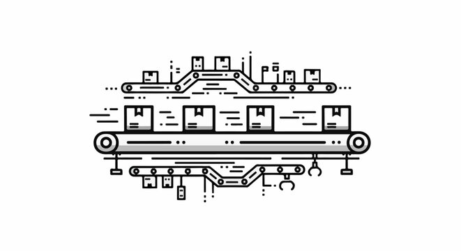 Automated conveyor belt system with boxes being moved and sorted by robotic arms