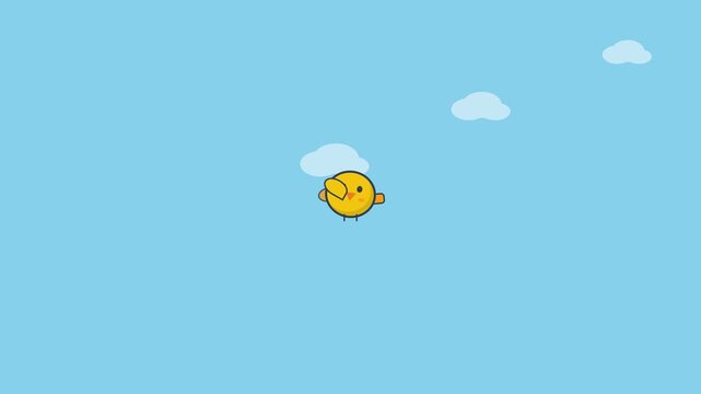 Cute pixel art yellow bird flying in a clear blue sky with clouds