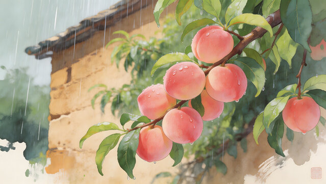 Peaches on tree with rain