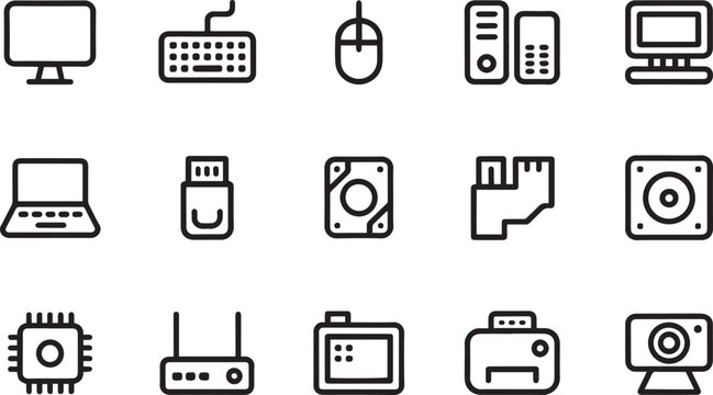 Computer hardware and peripherals line icon set with keyboard, mouse, and pc tower