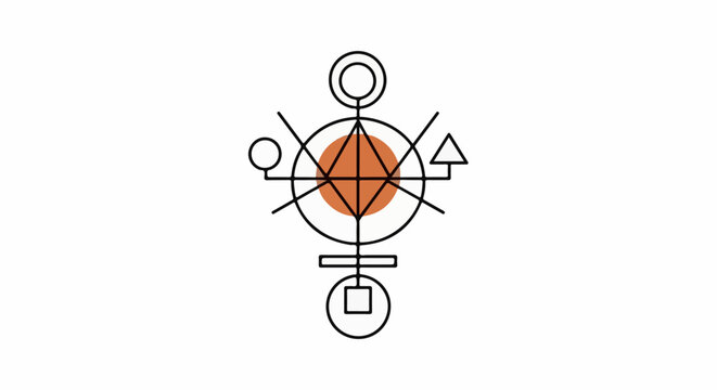 Abstract geometric emblem with circular and triangular elements and an orange circle