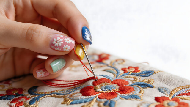 Hand stitching colorful embroidery