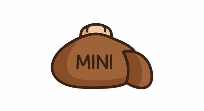 Cartoonish brown bean-shaped object with 'MINI' text and lighter brown accents