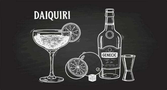 Chalkboard art depicts a daiquiri cocktail, a bottle, citrus, and jigger