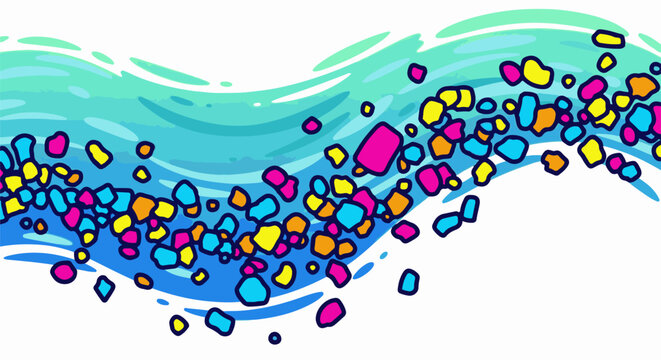 Abstract graphic of brightly colored, irregularly shaped objects floating on a stylized, wavy blue and green background