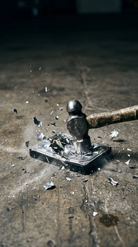 Hammer smashing a computer hard drive on concrete floor.