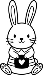 Obraz premium Cute Hand-Drawn Bunny Holding Heart Icon, Black and White Illustration