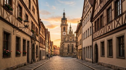 Obraz premium Historic European street with old buildings and church tower