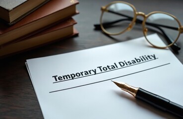 Obraz premium Temporary Total Disability document rests on office desk with pen and glasses nearby. Legal papers represent injury claim for worker compensation. Business insurance paperwork for employee.
