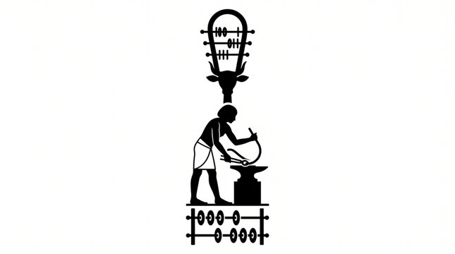 Black and white minimalist vector illustration of ancient blacksmith working at anvil