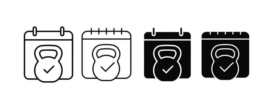 Calendar with kettlebell icon set. fitness tracking, gym workout scheduling, healthy lifestyle planning symbol. vector illustration