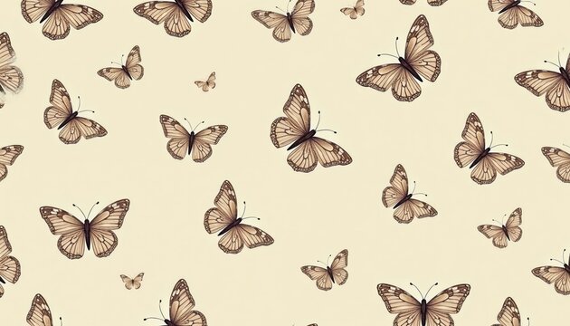 Sepia tone butterflies fly across light beige background creating repeating pattern. Delicate insects arranged randomly on smooth surface. Elegant nature design element for decor.