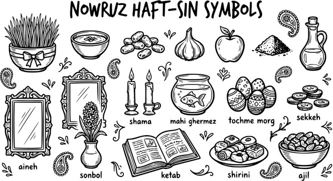Nowruz Haft-Sin Symbols Black and White Line Art. Hand-Drawn Persian New Year Cultural Holiday Celebration Items Collection.