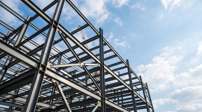 Steel structure of a building under construction against a blue sky with clouds