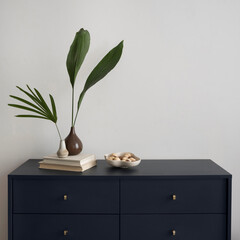 Fototapeta premium Modern Interior Decor with Navy Dresser, Green Plants, and Books, Home Staging, Minimalist Aesthetics
