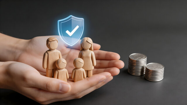 Hands holding wooden family with shield and coins