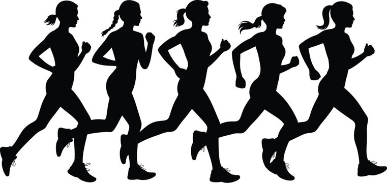 Set of running woman silhouettes showing different frame motion phases of a female jogger isolated on white background vector