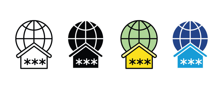 Global network and home icon with password asterisk set. secure website login authentication, protected online access portal, worldwide digital connectivity and safety symbol. vector illustration.