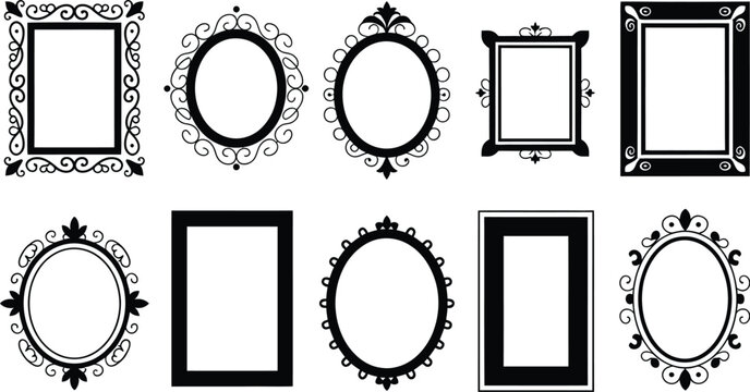 Collection of vintage black frame borders with ornate classic swirls and elegant oval shapes isolated on a white background