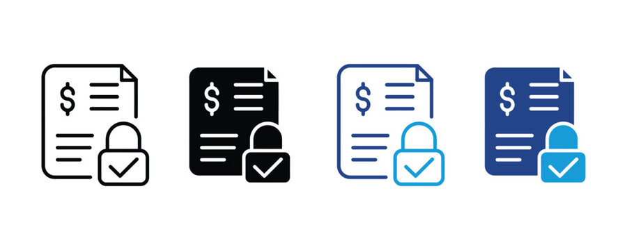 Financial invoice or document with padlock icon set. secure payment billing management, protected online transaction receipt, confidential accounting statement symbol. vector illustration.