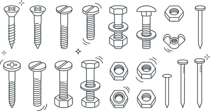Fastener Vector Collection Featuring Screws, Bolts, Nuts, Washers, Wing Nuts, and Nails in Simple Line Style