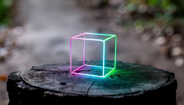 Glowing Neon Wireframe Cube on Wooden Tree Stump