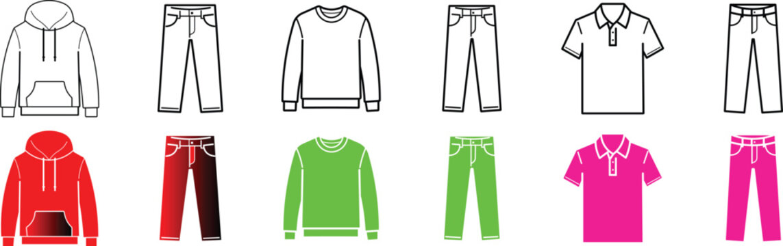 Clothing templates hoodies sweatshirts polo shirts and pants vector illustration