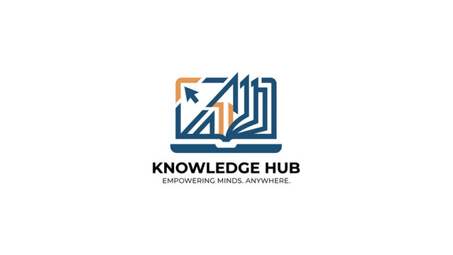 Knowledge Hub E-learning Logo Concept with Laptop and Book Symbol