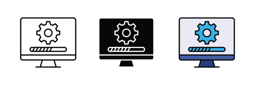 Computer monitor with gear and loading progress bar icon set. system software update, application installation process, technical configuration loading symbol. vector illustration.
