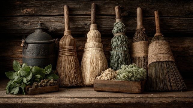 Antique brooms made of straw and grass, placed next to a cast-iron pot against a backdrop of dark wood, provide an authentic setting for stories about folk traditions, witchcraft 