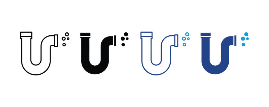 U-shaped plumbing pipe with water bubbles icon set. drain maintenance repair, kitchen sink sewage cleaning service, industrial pipeline flow symbol. Vector illustration
