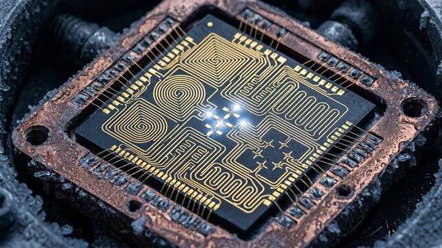 Superconducting Quantum Qubit: Macro View of Golden Superconducting Quantum Processor Chip at Near Absolute Zero Temperature in Dilution Refrigerator, Quantum Computing Technology