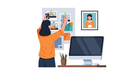 Naklejka premium Creative Female Designer Working on Mood Board in Modern Workspace, Flat Vector Illustration of Artistic Process and Inspiration