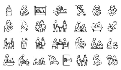 Fototapeta premium Family icons set baby care motherhood fatherhood thin line vector illustration