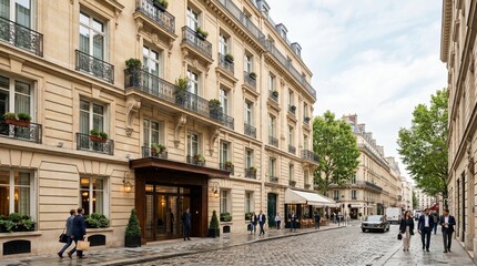 Fototapeta premium Elegant European city street with historic buildings and people