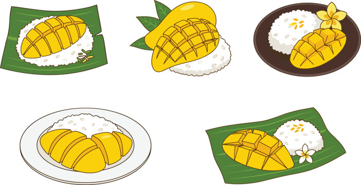 Traditional Thai Mango Sticky Rice Dessert Vector Illustration Set Featuring Sweet Sliced Yellow Mangoes with Glutinous Rice and Coconut Cream Toppings