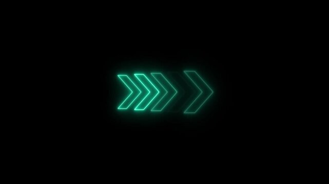 Direction concept, Neon arrow icon, Arrows indicates the direction of the overlay video layer on black background. Cyan neon looping arrow icon animation.