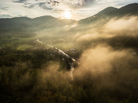 Dramatic drone shot of Telemark fylke, Hjartdal kommune.