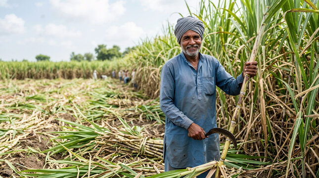 Smiling Indian farmer holding a sickle and sugarcane stalk in a field. Male agricultural worker harvesting crops in rural India. Traditional farming lifestyle