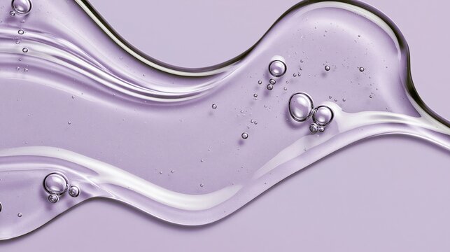 A flow of clear, viscous hair serum with a few trapped air bubbles, spreading across a minimal lavender surface, top-down view.