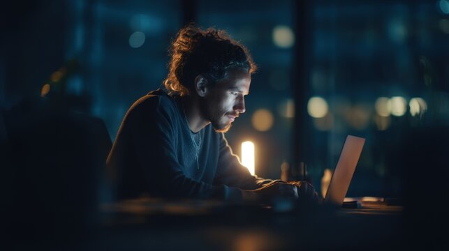 Man working on laptop at night